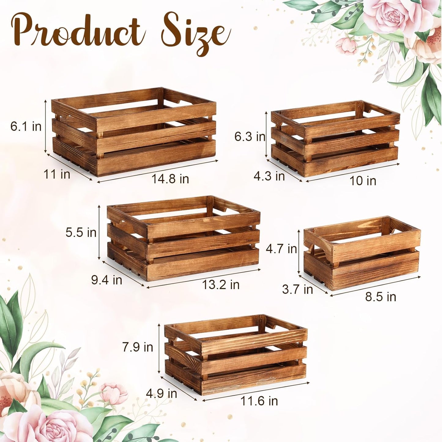 Soaoo 5 Pcs Decorative Nesting Wooden Crates for Storage Display 5 Size Large Small Rustic Wood Decorative Storage Crates with Handle Farmhouse Crate Box Container Made from Pine(Vintage Brown)-VerdiqueGarden