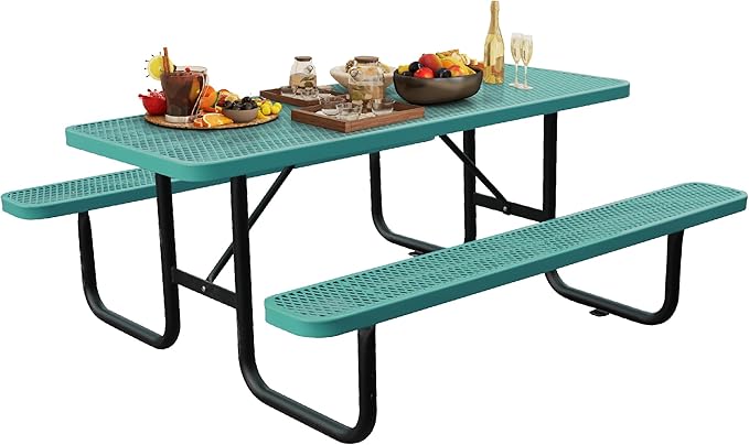 6FT Metal Picnic Tables for Outdoors, Commercial Rectangular Picnic Table and Bench Set for Outside, Patio, Garden, Backyard, Porch, Surface Mount, Green-VerdiqueGarden