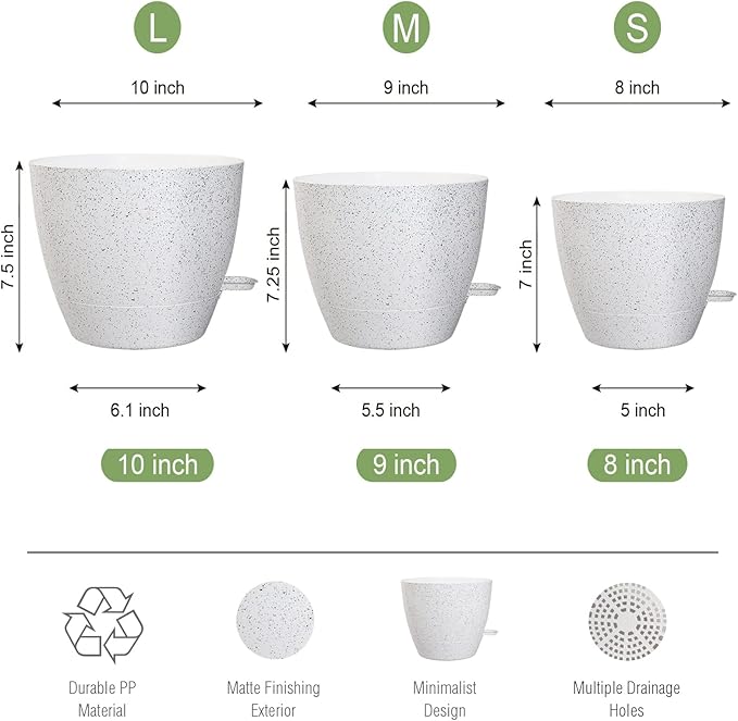 10/9/8 inch Self Watering Pots, Set of 3 Plastic Planters with Mesh Drainage Holes and Deep Reservoir for Indoor Outdoor Garden Plants and Flowers, White Speckles-VerdiqueGarden