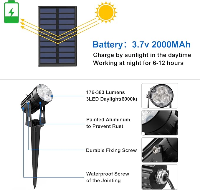 Solar Spot Lights Outdoor, Solar Landscape Spotlights IP65 Waterproof 9.8ft Cable, Auto On/Off Outdoor Wall Lights for Garden Yard Driveway Porch Walkway Pool (1-in-1 6000K Cold White 4 Pack)-VerdiqueGarden