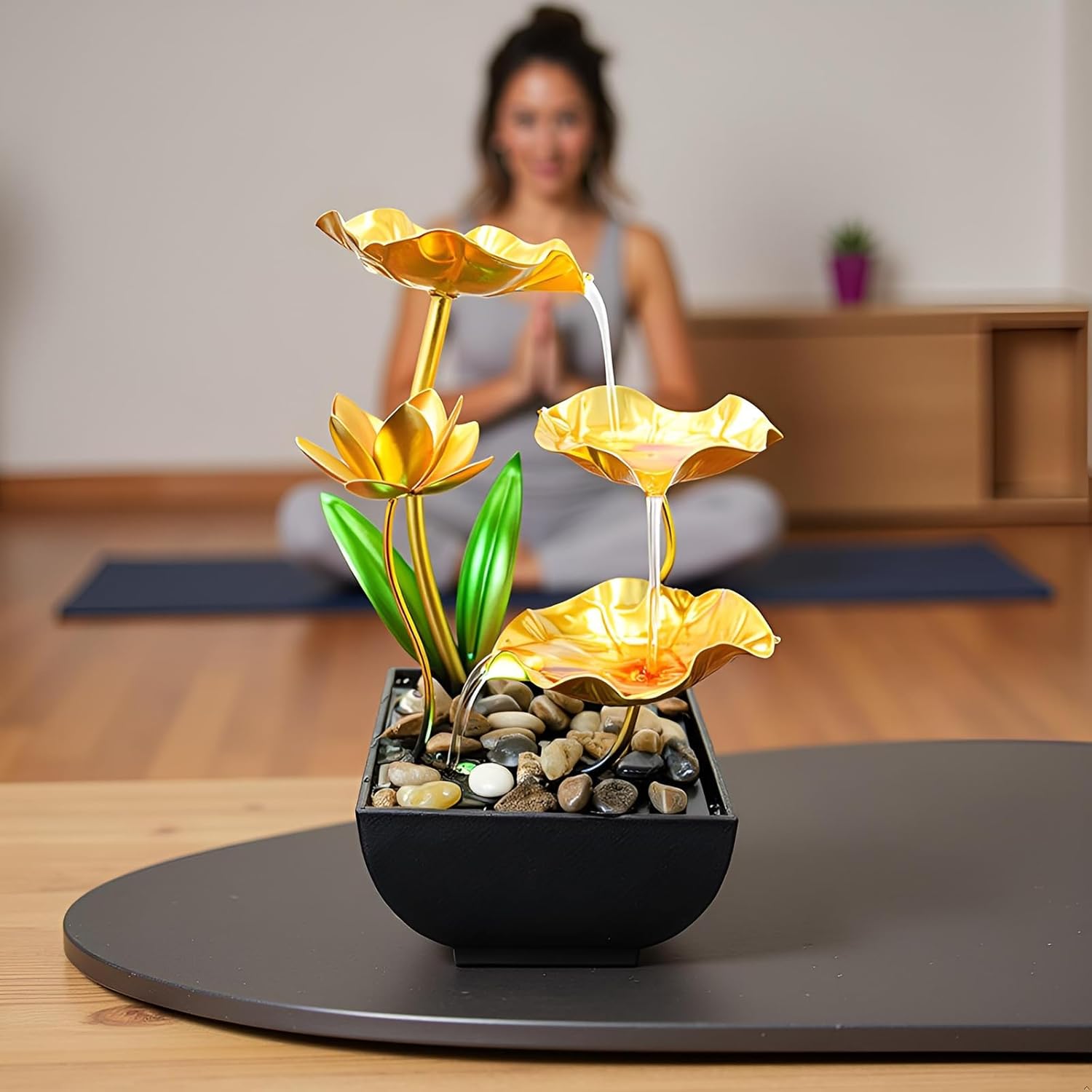 Gold Tabletop Water Fountain, Desktop Waterfall, Indoor Lotus Desktop Decorative Fountain, Home Bathroom Bedroom Decor.-VerdiqueGarden