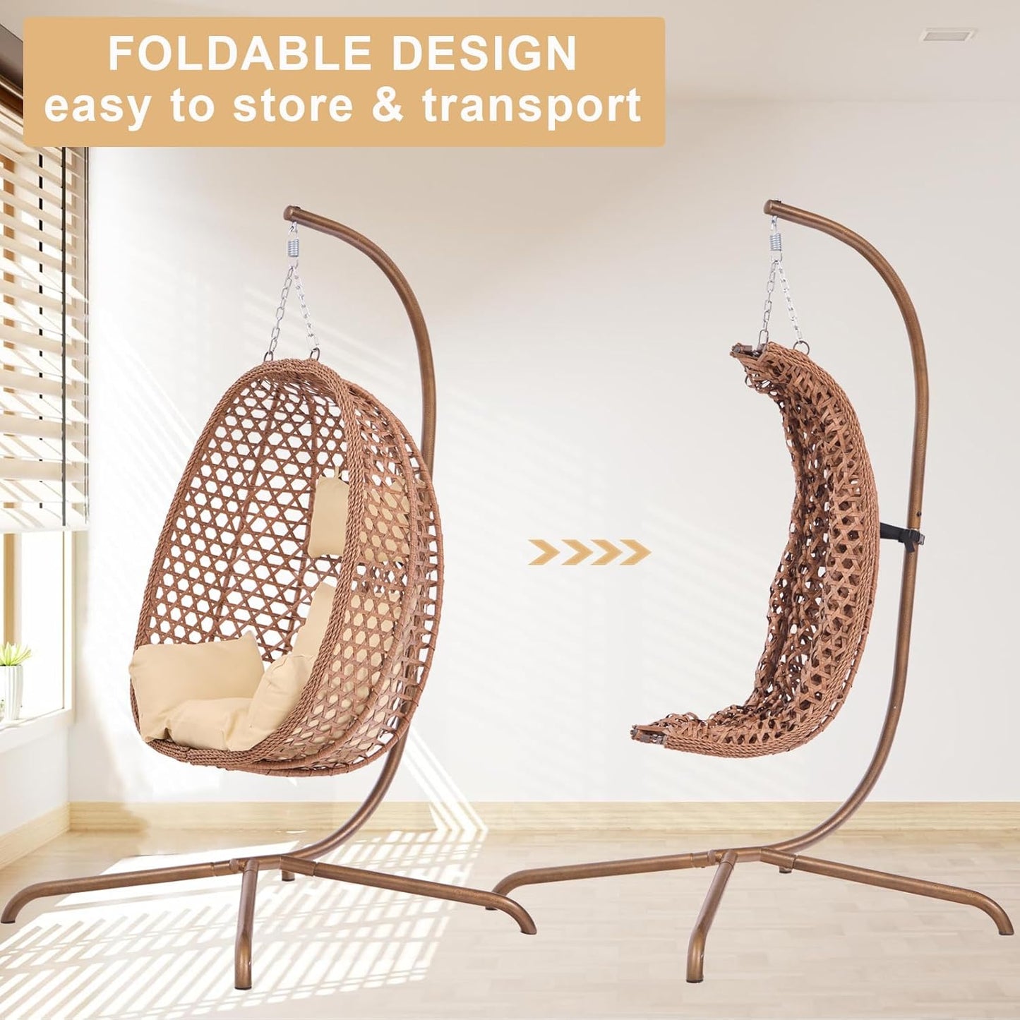 Indoor Hanging Chair with Stand for Bedroom, Hexagon Rattan Wicker Swing Egg Chair for Bedroom Porch Garden Patio Outdoor, Hammock Egg Swing Chair with Cushion,350LBS Capacity (Beige)-VerdiqueGarden