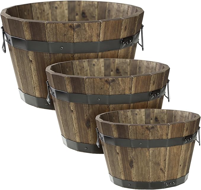 IDZO Set of 3 Wooden Flower Planters for Outdoor Plants, Acacia Wood Barrel Planters, Ergonomic Handles, Drainage Holes, Various Sizes, Walnut-VerdiqueGarden