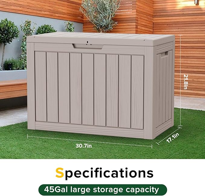 DRATO 45 Gallon Deck Box, Outdoor Storage Box for Patio Furniture, Patio Cushions, Gardening Tools, Pool Supplies 480lbs Weight Capacity,Waterproof Resin Storage Boxes-VerdiqueGarden