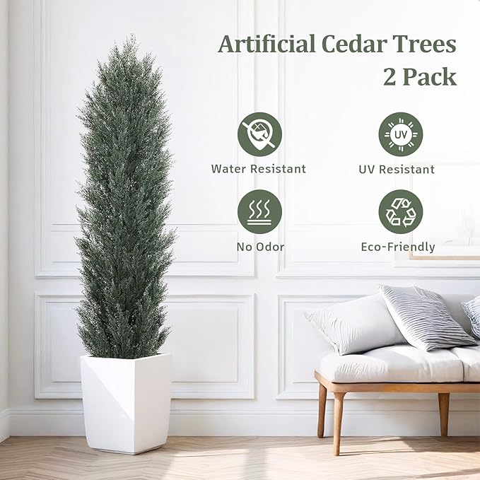 THE BLOOM TIMES 6ft Tall Topiary Trees Artificial Outdoor – UV Resistant Faux Cedar Pine Cypress Bushes and Shrubs, Fake Potted Plants for Front Porch Outside Planter Patio Decor, Set of 2 (6 Foot)-VerdiqueGarden