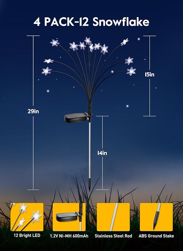 Brightown Christmas Pathway Lights - 4 Pack 48 LED Snowflake Outdoor Lights With 2 Modes, Waterproof Solar Firefly Decoration for Yard, Cool White-VerdiqueGarden