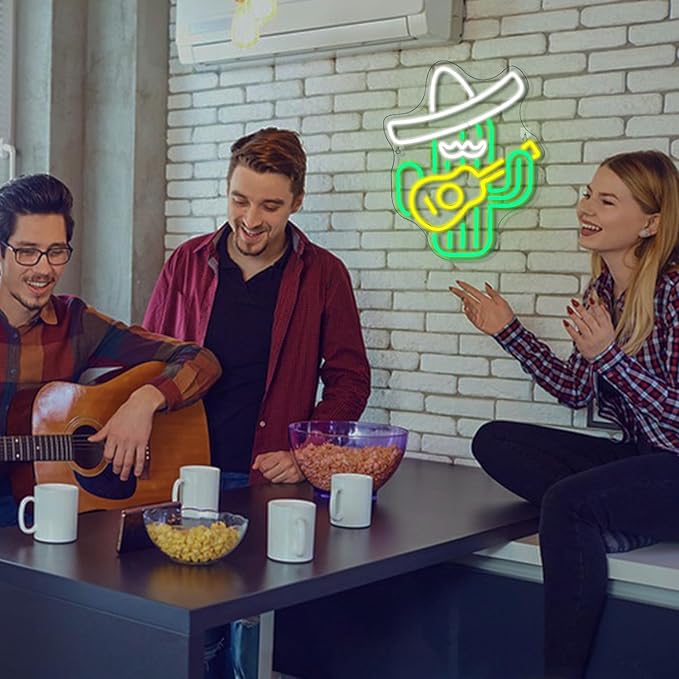 WLHOPE Cactus Neon Sign Cowboy Hat Neon Signs Green Led Neon Signs for Wall Decor, Guitar Cactus Neon Led Signs USB Anime Neon Light for Bedroom Game Room Kids Room Home Bar Party Shop Gift-VerdiqueGarden