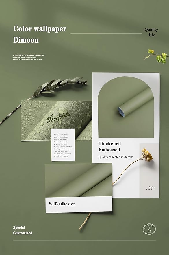 Dimoon 78.7''x17.7'' Green Peel and Stick Wallpaper Contact Paper Modern Self Adhesive Wall Paper Removable Renter Friendly Textured Solid Color Shelf Cabinet Vinyl Roll (78.7''x17.7'',Olive Green)-VerdiqueGarden