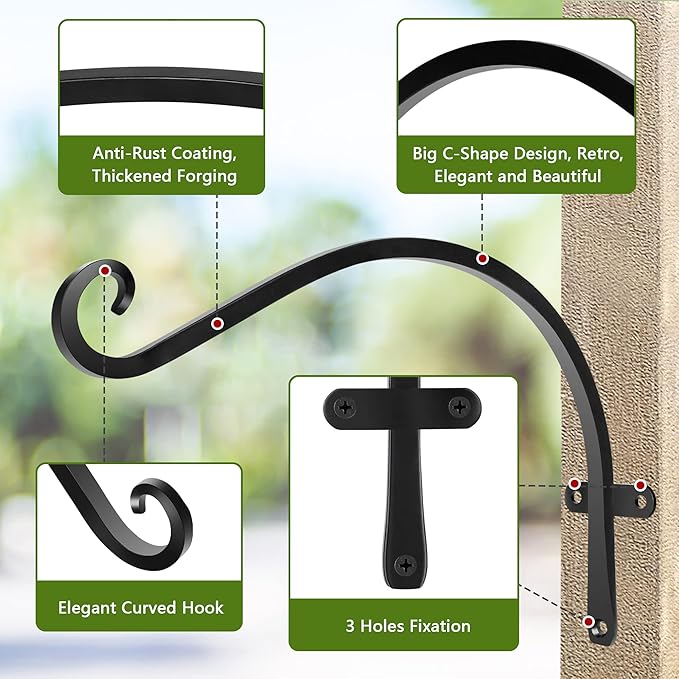 HOOPLE Plant Hangers Outdoor Heavy Duty 4 Pack, Cast Iron Bird Feeder Hanger, Metal Black Plant Brackets Hook for Hanging Flower Baskets, Elegant Design, Large Bearing Capacity-VerdiqueGarden