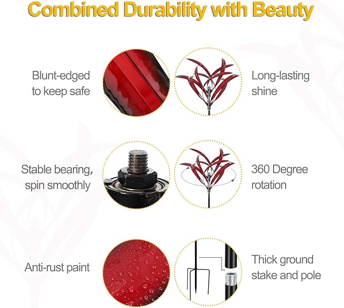 LimeHill Wind Spinner for Garden and Yard - Large Metal Kinetic Wind Sculptures Yard Art Outdoor (Burgundy 2)-VerdiqueGarden