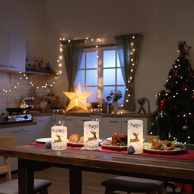 KunSween Christmas Flameless Candles with 6H Timer, 3 Pack LED Flickering Candles with Gold Deer Decals and Real Wax, Christmas Winter Decorations for Home Indoor Table Centerpieces-VerdiqueGarden