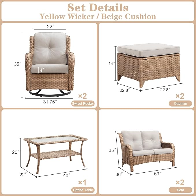 Wicker Outdoor Furniture Patio Furniture Set - 6 Piece Patio Conversation Set with Swivel Rocker Chairs, Loveseat Sofa, Ottomans and Coffee Table, Beige Cushion-VerdiqueGarden