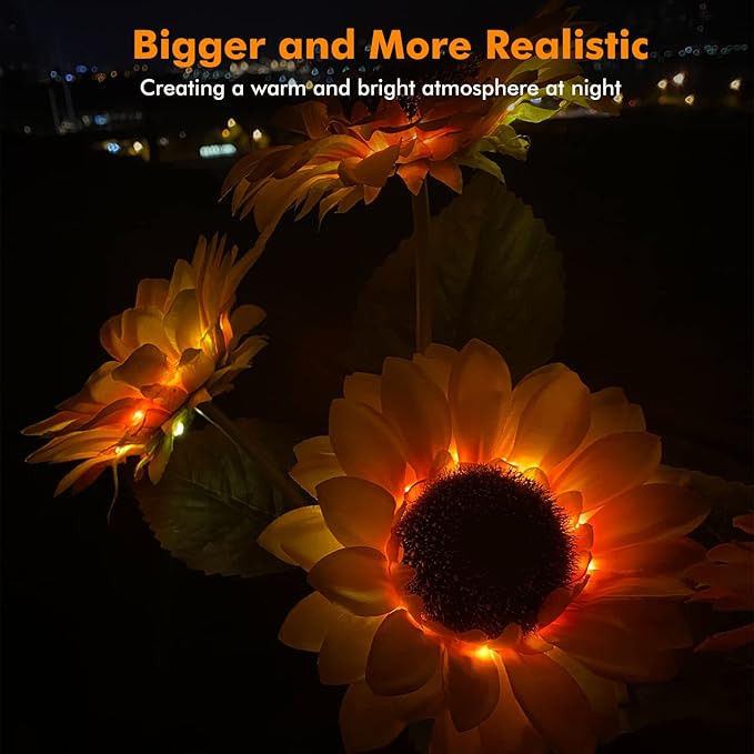 Solar Sunflower Lights, 800mA Solar Garden Light with Real Looking Flowers Outdoor Waterproof Solar Stake Lights for Back Yard, Flower Bed, Pathway, Patio, Porch, Fall Decoration (4 Pack)-VerdiqueGarden