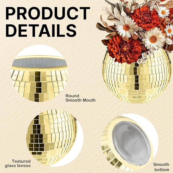 2 Pcs Disco Ball Vase,5 x 6 Inch Mirrored Disco Ball Planter,Disco Ball Candle Holders Perfect Disco Decorative Planters for Living Room Bedroom Table Wedding Party Birthday(Gold)-VerdiqueGarden
