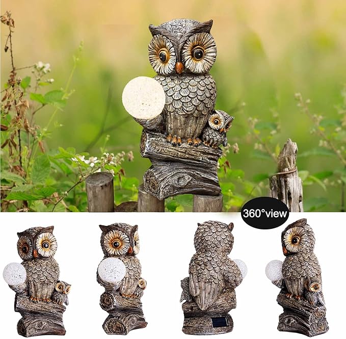 Garden Decor Owl Statues Fall Decorations for Outdoor,Resin Owl Figurines with Solar Lighted Ball- Owl Gardening Gifts for Women Owl Lawn Ornaments for Patio Decor Yard Decoration-VerdiqueGarden