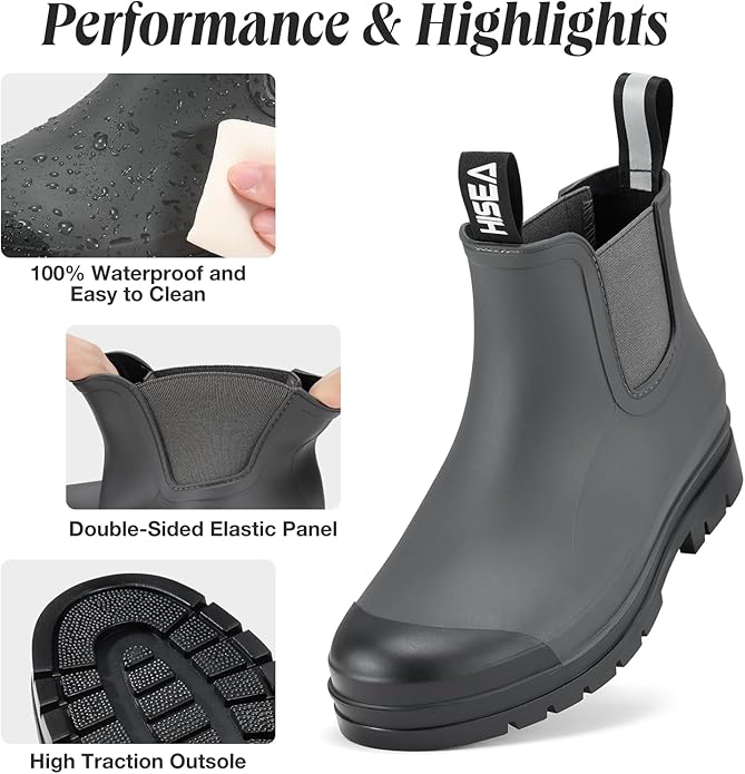 HISEA Women's Short Rain Boots Waterproof Garden Shoes Rubber Chelsea Boots Anti-Slipping Rainboots for Ladies with Comfort Insole Lightweight Stylish Ankle Rain Shoes Outdoor Work Booties-VerdiqueGarden