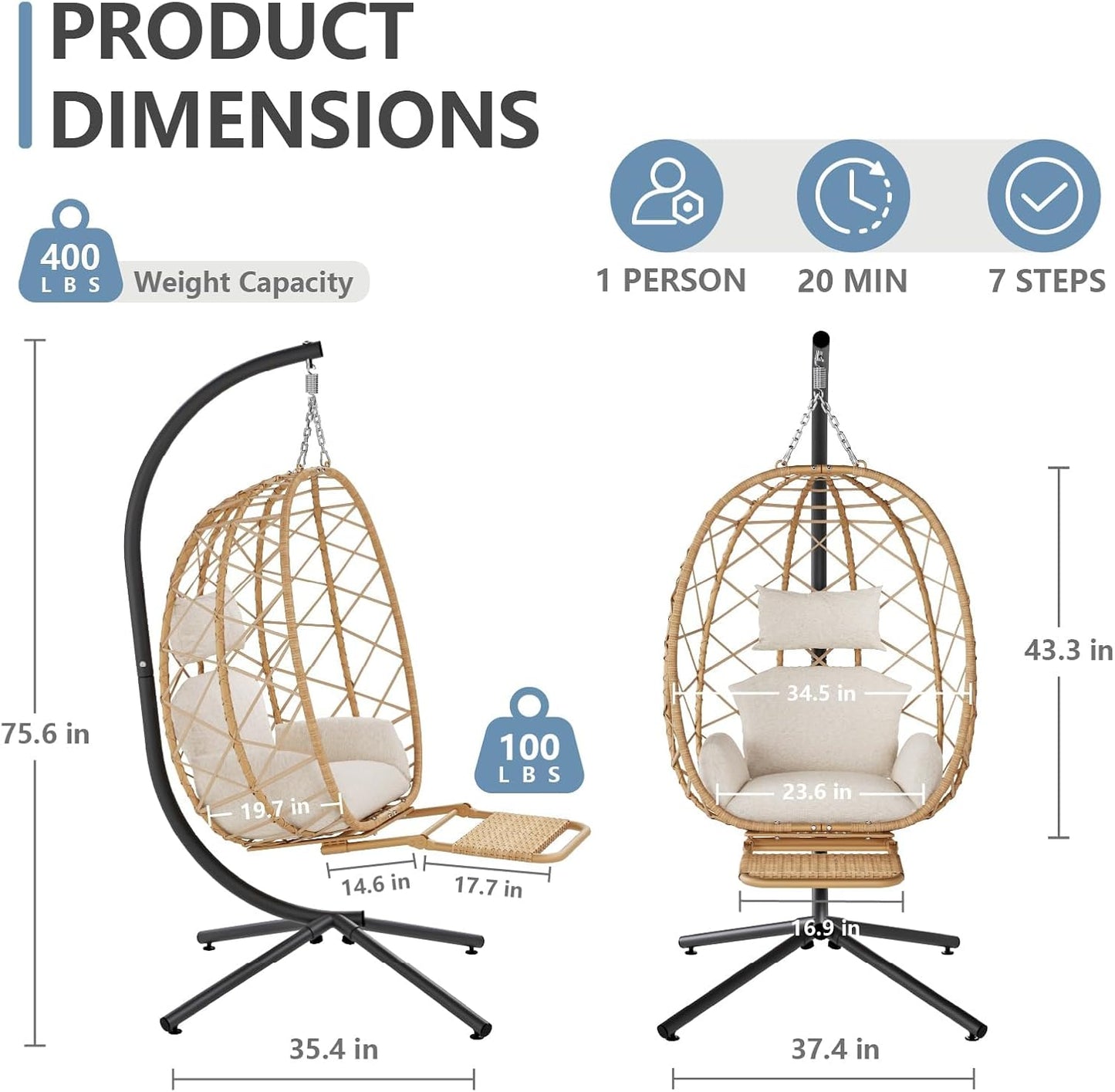 SWITTE Hanging Egg Chair with Stand, Outdoor Swing Egg Chair with Footrest, Patio Hammock Chair with Cushion for Garden Backyard-Cream-VerdiqueGarden