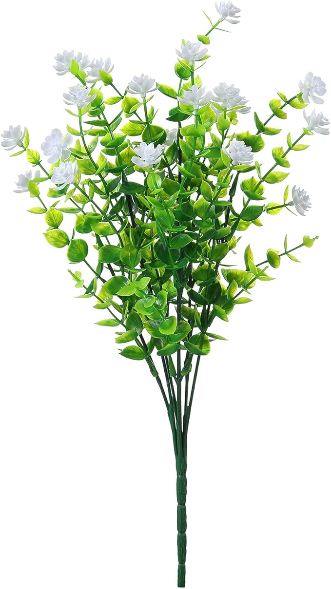 Artificial Plants Flowers Grass Shrubs 8 Pack No Fade Faux Plastic Flowers Outdoor for Vases Farmhouse Garden Porch Patio Office Indoor Wedding Decoration Greenery Fake Plants (2#White)-VerdiqueGarden