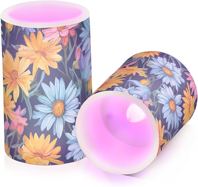 Flickering Flameless Candles, Daisy Flowers Botanical LED Candles with Remote Timer, Set of 2 Battery Operated Candle for Valentine Wedding Birthday-VerdiqueGarden