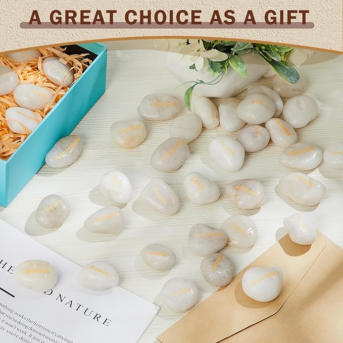 Fabbay Engraved Inspirational Stones Encouragement Motivational Rocks with Words Garden Positive Gift for Christmas Thanksgiving(White,40 Pcs)-VerdiqueGarden