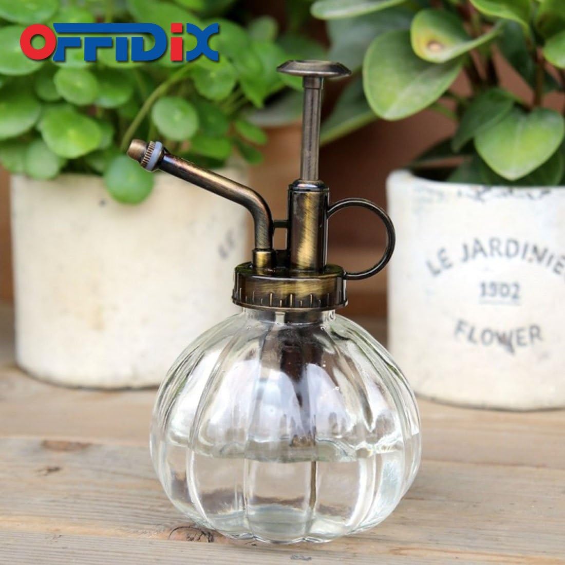 OFFIDIX Transparent Glass Watering Spray Bottle, 6.3 Inches Tall Vintage Style with Bronze Plastic Top Pump One Hand Plant Mister Glass Watering Can Indoor-VerdiqueGarden