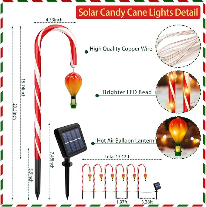 12 Pack Outdoor Solar Christmas Decorations, 180 Bright LED Solar Candy Cane Christmas Lights 8 Lighting Modes, Waterproof Outside Xmas Decorations with Lantern Decor Lights for Pathway Yard Garden-VerdiqueGarden