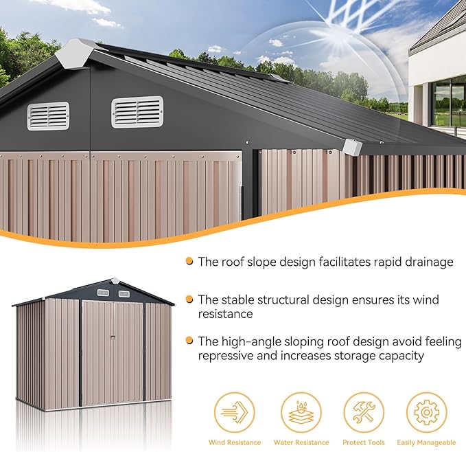 Aoxun 7x5 FT Outdoor Storage Shed with Floor Garden Metal Shed with Lockable Door Outdoor Large Shed for Tool, Garbage Can, Bike, Mower, Brown-VerdiqueGarden