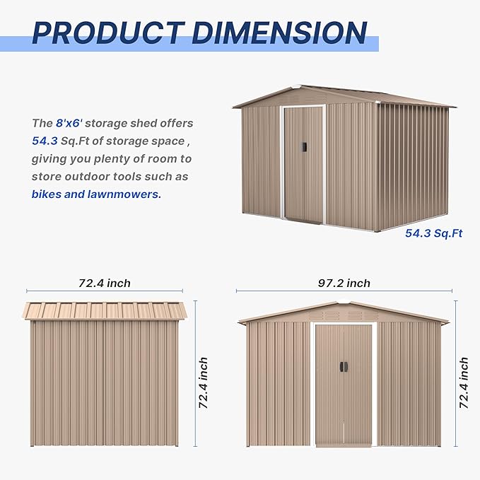 8FT x 6FT Metal Outdoor Storage Shed,Utility and Tool Shed Storage House w/Lockable Sliding Doors & Air Vent,Garden Shed for Backyard,Garden,Patio,Lawn-VerdiqueGarden