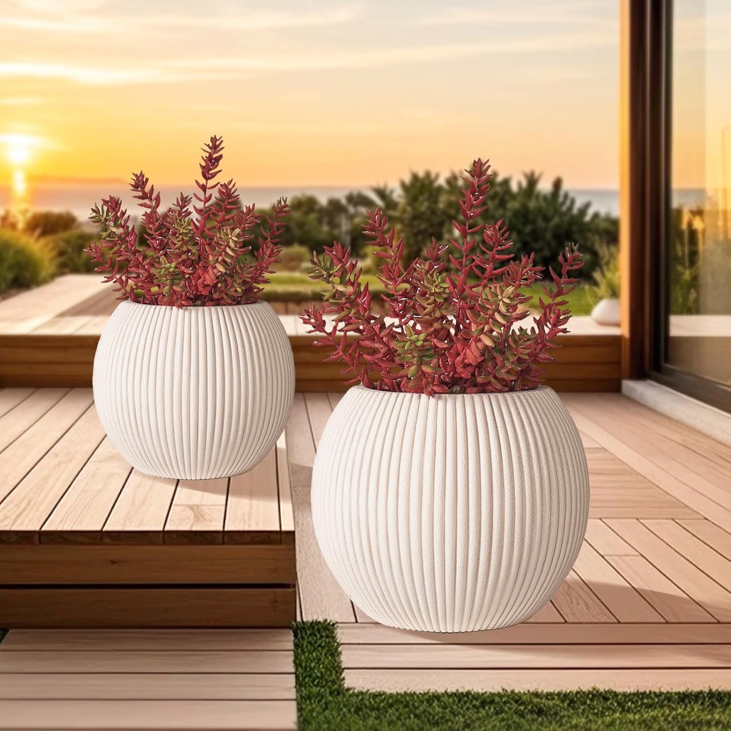 16 Inch Handmade Outdoor Planter - Classic Striped Design | Fiberglass & Composite Material | Durable for Commercial & Home Decor-VerdiqueGarden
