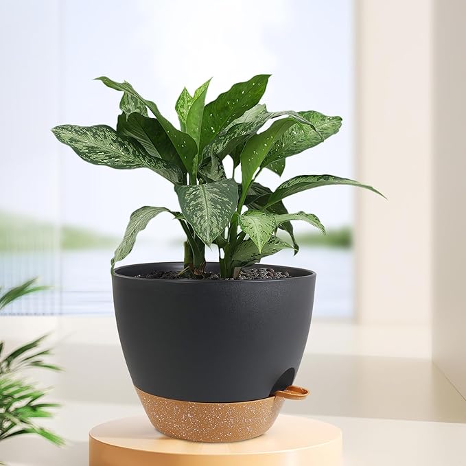 12 inch Large Self Watering Pots, Plant Pots with Mesh Drainage Holes for Indoor Outdoor Plants, Plastic Planters with Deep Reservoir for Garden House Flower Plants, Black with Brown-VerdiqueGarden