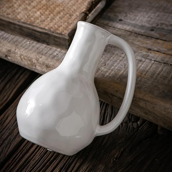 White Ceramic Vase with Big Handles, Modern Farmhouse Decor, Rustic Pottery for Flowers, Decorative Terracotta Centerpiece for Dining Table-VerdiqueGarden