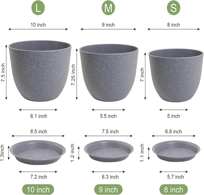 10/9/8 inch Plant Pots, Set of 3 Modern Decorative Plastic Planters with Drainage Holes and Saucers for Garden House Plants, Flower Pots for Indoor Outdoor Plants, Speckled Grey-VerdiqueGarden