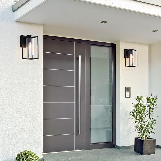 Pia Ricco Outdoor Wall Lights, Black Outdoor Wall Lantern with Square Clear Glass Shade, Waterproof Exterior Lighting Fixtures, Modern Front Porch Lighting for House, Garage, E26 Base, ETL Listed-VerdiqueGarden