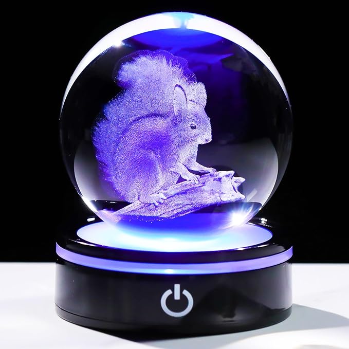 YWHL 3D Squirrel Figurine Crystal Ball with Colorful Light Base, Squirrel Gifts for Women Men on Christmas Birthday, 3D Laser Engraved Squirrel Ornament Glass Decorative Ball for Home Decor (80mm)-VerdiqueGarden