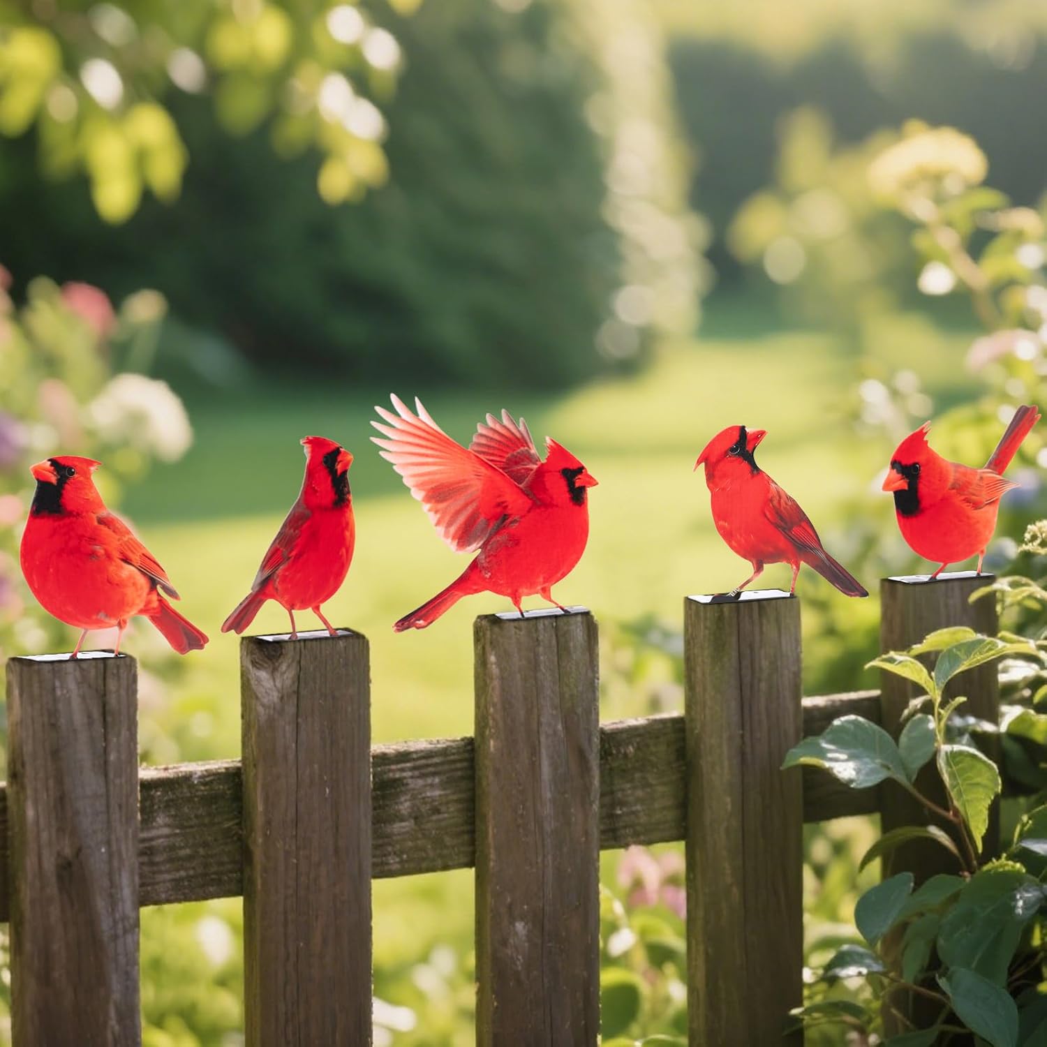 HUYIENO 5PCS Vivid Metal Birds Fence Decor Color Painted Outdoor Garden Natural Bird 2D Sculptures for Outdoor Fences, Patio, Garden and Bird Lovers (Cardinal)-VerdiqueGarden