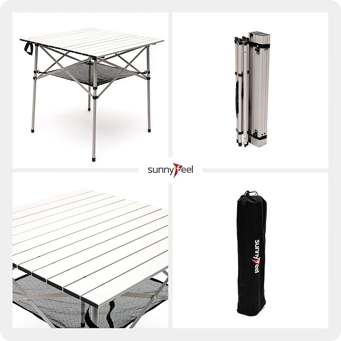 SUNNYFEEL Outdoor Folding Table | Lightweight Compact Aluminum Camping Table, Roll Up Top 4 People Portable Camp Square Tables with Carry Bag for Picnic/Cooking/Beach/Travel/BBQ-VerdiqueGarden