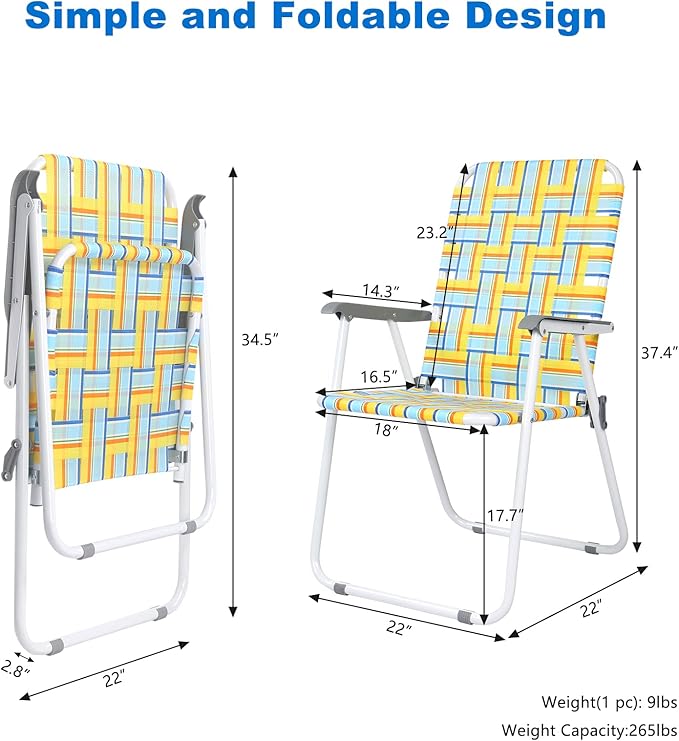 VINGLI Patio Lawn Webbed Folding Chairs Set of 2, Outdoor Beach Chair Portable Dining Chair for Outdoor Yard, Garden (Yellow, Classic)-VerdiqueGarden