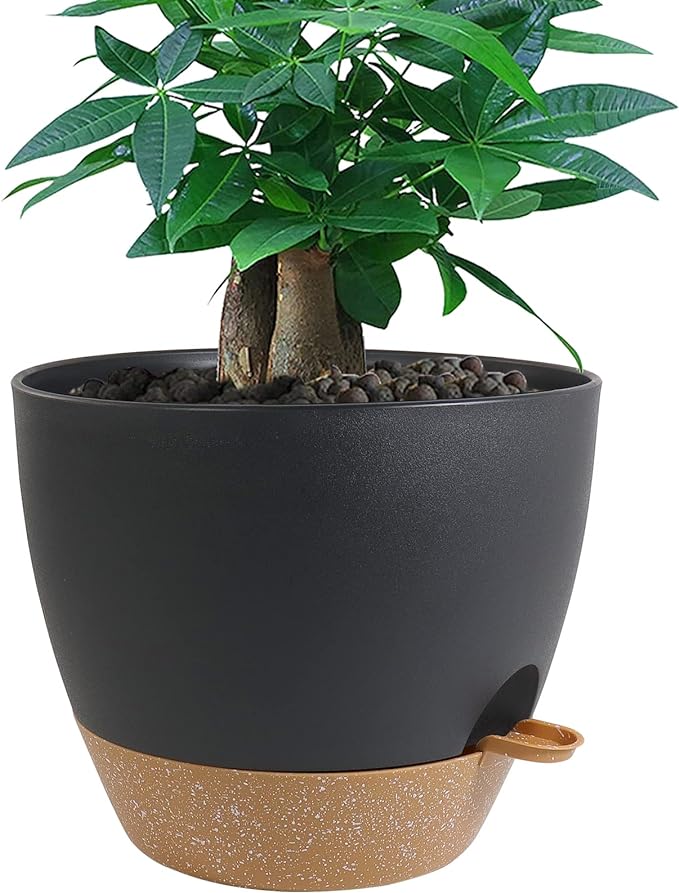 12 inch Large Self Watering Pots, Plastic Planters with 60oZ Removable Deep Reservoir and Multi Mesh Drainage Holes for Indoor Outdoor Garden Plants and Flowers, Black with Brown-VerdiqueGarden