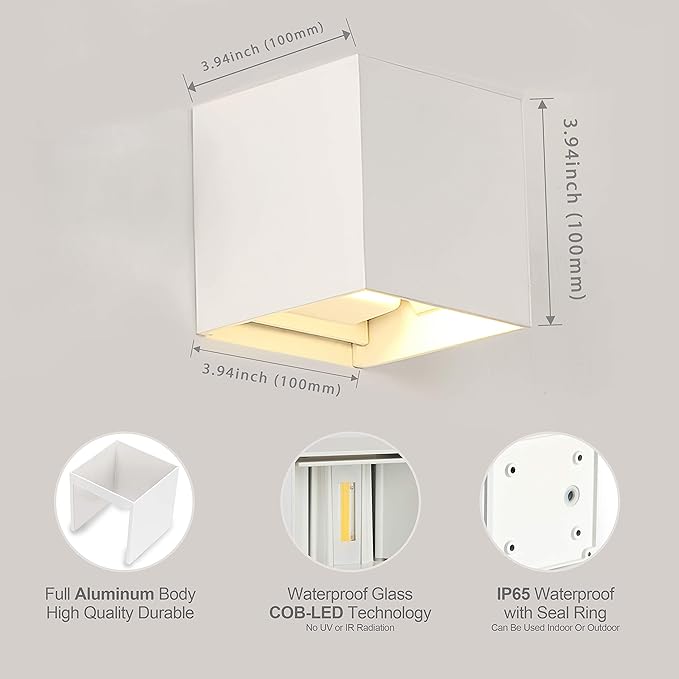LANFU LED Aluminum Square Cube Waterproof White Wall Sconce Outdoor Light Exterior Wall Lighs fixtures Outside for House Patio 6W 100-277V 3000K Angle-Adjustment Warm Light 2LEDS White 6W-VerdiqueGarden