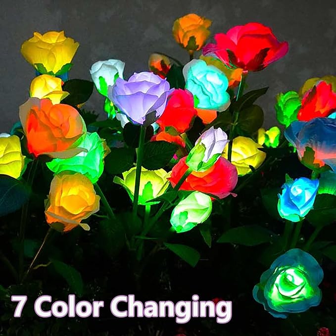 Solar Garden Lights Outdoor, 4 Pack Flower Lights for Outside, 16 Solar Lilies with Butterflies, Waterproof Garden Decor for Yard, Patio, Gifts for Women Mom (4 pcs 7-Color Rose)-VerdiqueGarden