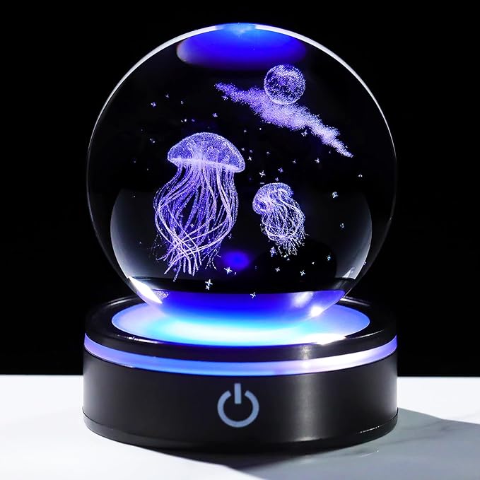 YWHL 3D Crystal Ball Moon Jellyfish Figurine with Colorful LED Base Laser Jellyfish Gifts for Women Men on Christmas Birthday Glass Jellyfish Statue Decorative Ball Night Light for Home Decor (80mm)-VerdiqueGarden