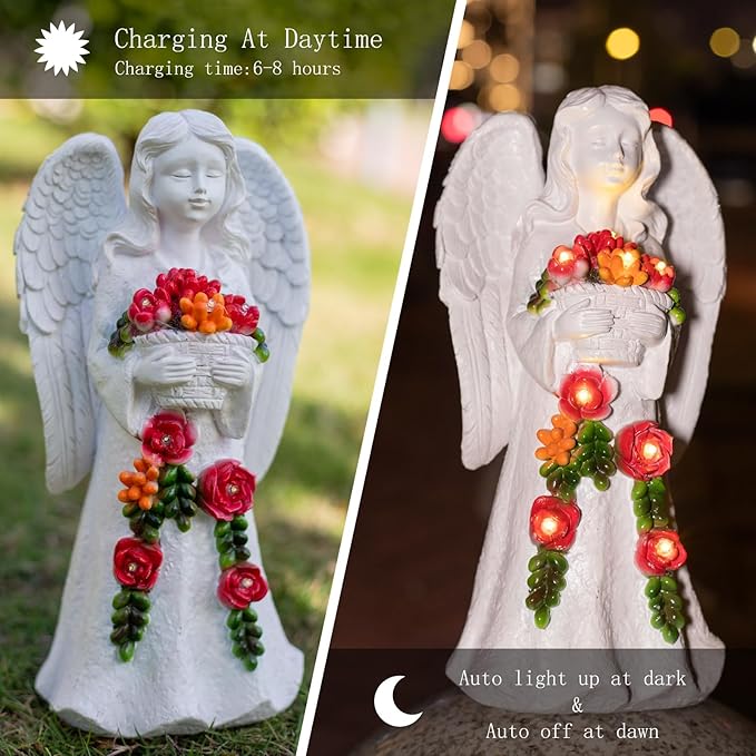 Angel Garden Statue Figurines Light Decoration Outdoor Solar Angels with 8 Led Lights Outside Resin Sculpture Art Decor Patio Lawn Yard Housewarming Gifts for Women Grandma Mom-VerdiqueGarden