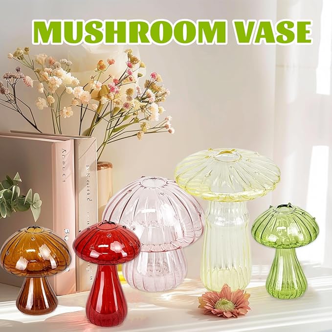 5 Pcs Mushroom Glass Planter for Plants, Stylish Unique Mushroom Vase for Home Decoration,Colorful Propagation Jars,Ideal Gardening Companion and Creative Floral Arrangement-VerdiqueGarden
