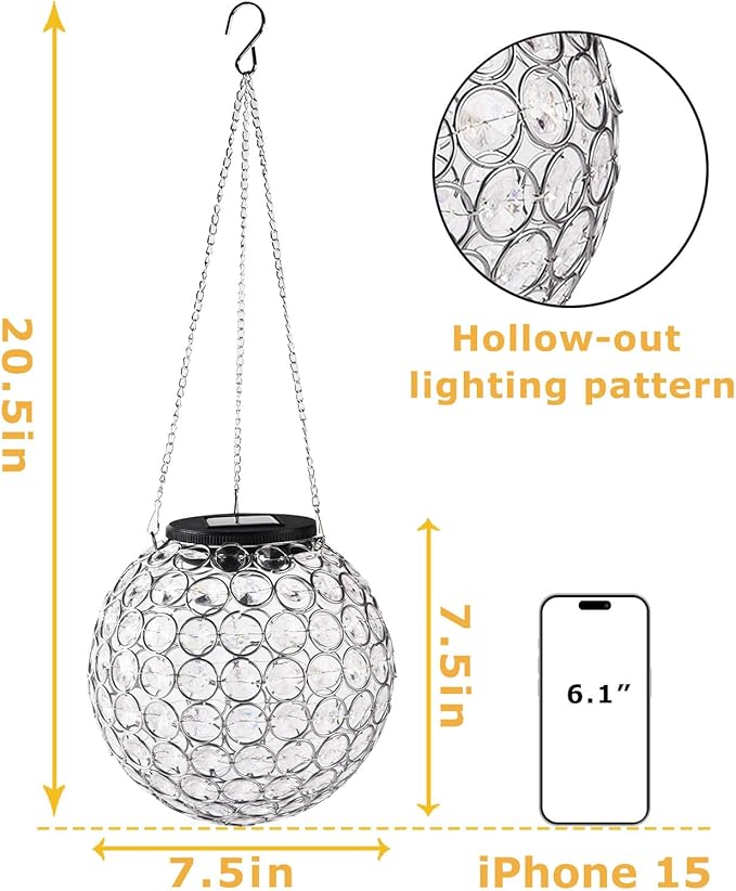 Solar Lantern Hanging Outdoor Christmas Decorative, Dual LEDs Dia 7.5‘’ Color Changing and Cool White Crystal Globe Hanging Lights Waterproof with S Hooks Decor in Garden, Pathway, Front Door-Clear-VerdiqueGarden