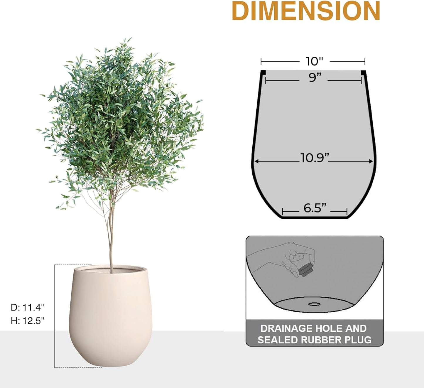 12.5" H x 11.4" D Corso Fiberstone Round Tapered Planter with Drainage Hole, Smooth Finishes, Weather Resistant for Indoor and Outdoor Use (Kilim Beige, 9" Pot Opening)-VerdiqueGarden