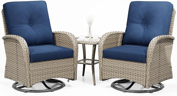 Joyside Outdoor Swivel Rocker Chairs, 3 Piece Wicker Patio Set with Thick Cushion and Side Table, Rattan Patio Swivel Rocking Chairs for Porch, Deck Use (Natural/Blue, 3 PCS)-VerdiqueGarden