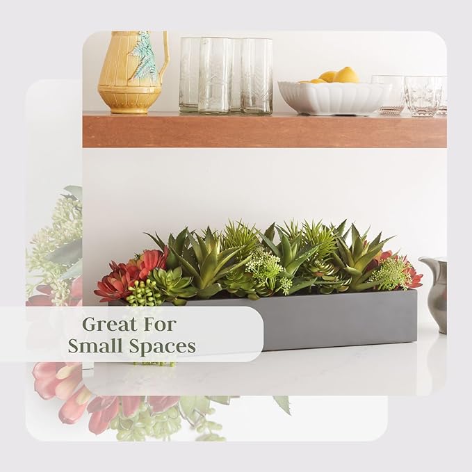 Oblong Faux Succulent Arrangement, Premium Artificial Indoor Plant Enhances Interior Design, Display on any Surface in Your Home Adding an Inviting Touch of Nature, Grey Planter Pot Included-VerdiqueGarden