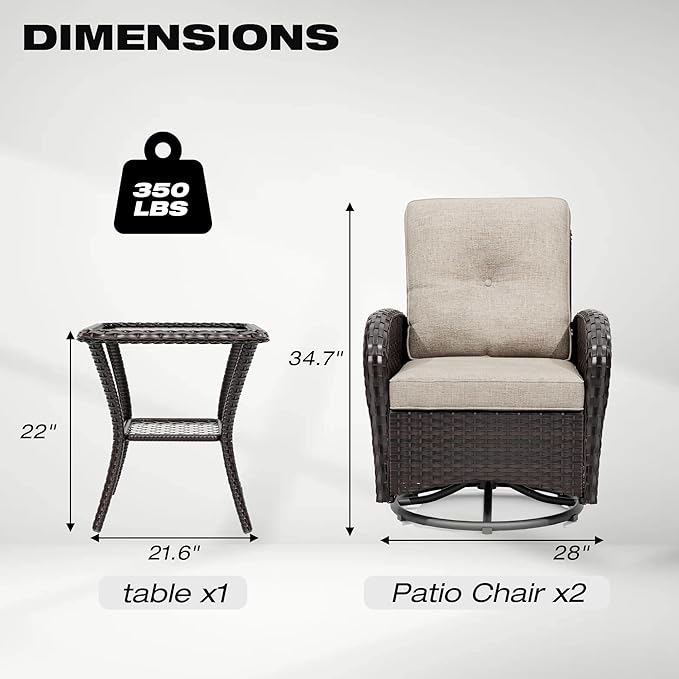 Joyside Outdoor Swivel Rocker Chairs, 3 Piece Wicker Patio Set with Thick Cushion and Side Table, Rattan Patio Swivel Rocking Chairs for Porch, Deck Use (Brown/Beige, 3 PCS)-VerdiqueGarden