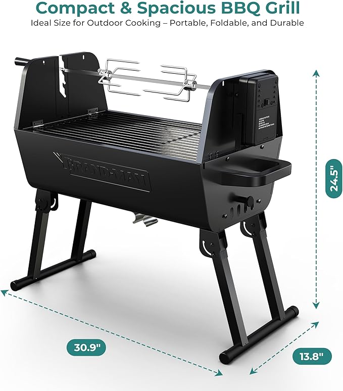 Brand‑Man 2‑in‑1 Charcoal BBQ Grill with Motorized Rotisserie – Portable, Foldable Grill, 257 sq in Outdoor BBQ Grill for Camping & Tailgate, Adjustable Height, Dual Vents-VerdiqueGarden