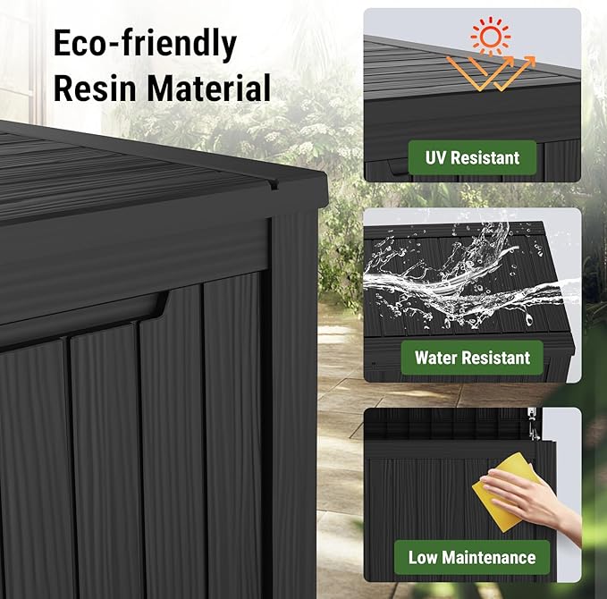 Mars Villa 119 Gallon Outdoor Storage Box Waterproof, Large Resin Deck Box for Pool Supplies Storage, Outdoor Patio Furniture Cushions, with Hydraulic Hinge, UV-Resistant and Weatherproof, Black-VerdiqueGarden